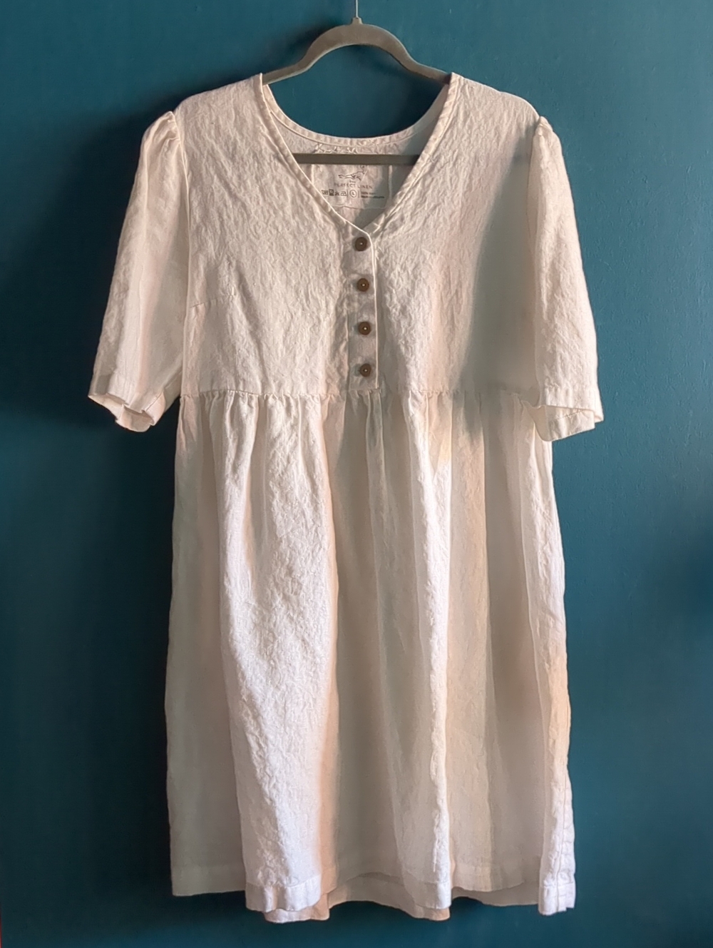 notPERFECTLINEN 100% Cream Linen SYMI Dress Button Front Puff Sleeves